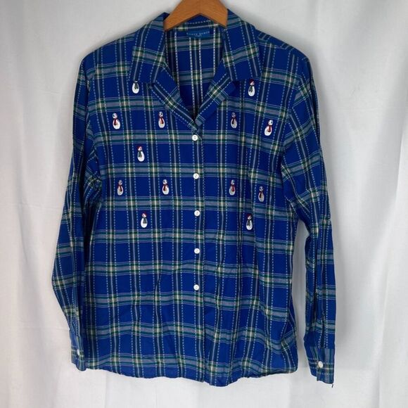 Karen Scott Sport Blue Plaid Snowman Motif Cotton Button Front Shirt Size Large - Picture 8 of 8
